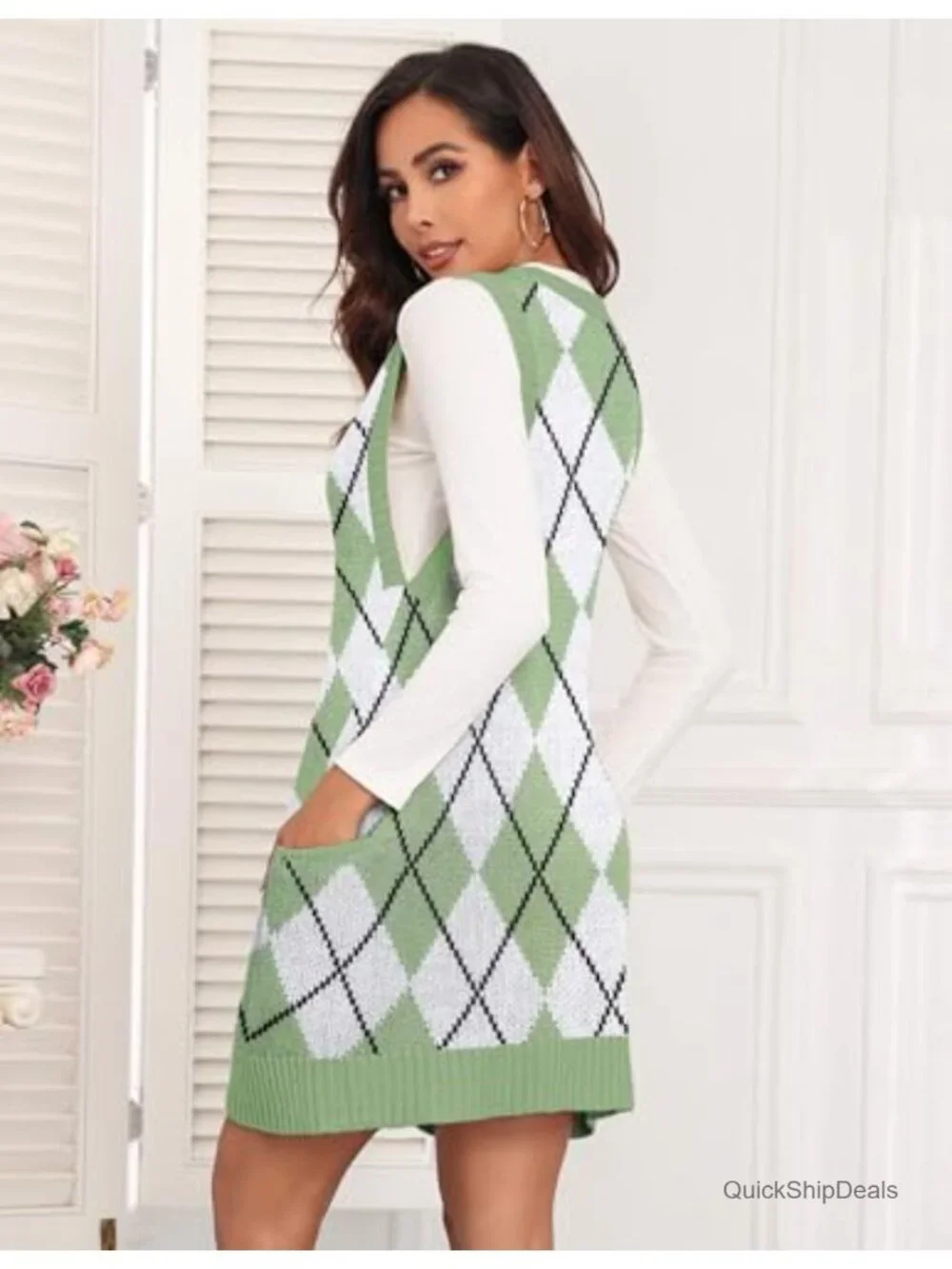 Zeagoo Knitted Sweater Vest Dress Sleeveless V-Neck A-Line with Pockets